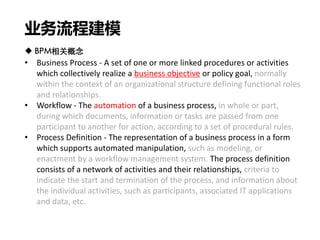 业务流程建模
 BPM相关概念
• Business Process - A set of one or more linked procedures or activities
which collectively realize a business objective or policy goal, normally
within the context of an organizational structure defining functional roles
and relationships.
• Workflow - The automation of a business process, in whole or part,
during which documents, information or tasks are passed from one
participant to another for action, according to a set of procedural rules.
• Process Definition - The representation of a business process in a form
which supports automated manipulation, such as modeling, or
enactment by a workflow management system. The process definition
consists of a network of activities and their relationships, criteria to
indicate the start and termination of the process, and information about
the individual activities, such as participants, associated IT applications
and data, etc.
 