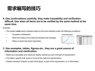 需求编写的技巧
4: Use continuations carefully, they make traceability and verification
difficult. Use when all items are to be verified by the same method at the
same time.
Example:
– The system shall report software status to the host interface under the following conditions:
• At system initialization.
• When the status of an external interface has changed.
• When a report has been requested.
5: Use examples, tables, figures etc., they are a great source of
information and clarification.
– Make sure examples and notes are clearly marked as such (not part of requirement).
– For tables; specify if all, some or none of the cells are requirements.
– Clearly indicate if a figure or part of the figure, is part of the requirement, or is information.
 