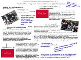 Evidence supporting ‘Apprentice of the year 2014’
Timeline of Jen Lovegrove’s major contributions to the Partnership
September 2013: Joined partnership at
the Brent Cross store
I started my journey in the
partnership at Brent Cross in
the Sportswear department.
October 2013: Moved to Oxford Street,
Womenswear department
After joining at Oxford Street, it was so different to what I had
been used to. I was thrown straight into the deep end to help
and lead clearance AW14.
Quote from my line manager: ‘The disciplined execution of our
floor plans ensured we were well positioned to trade
successfully for Peak Christmas Trade. The success for this is
clearly measured in the we took record sales in our history for
our 1st day of Clearance!’
March/April 2014: Brand day
My next big project was to plan and host a brand day for all
Womenswear partners- this was a huge task, involving a lot of
communication with brands outside of John Lewis. There was a
huge amount of organisation involved in this day and it paid off
as I got excellent feedback from it.
It was a very proud moment for me when the day finally arrived; we had buyers, designers, merchandisers
and brand consultants turn up for the day to showcase their lines! I got excellent feedback and networked
with a lot of people I would never have got the chance to. It has even led to buying office wanting to hold
regular brand days and I have been asked to organise another one for our department.
Quote from my line manager: ‘To further develop others Jen took the lead in organising a successful Brand
Day in branch where 30 key brands were invited to deliver training to all Partners and used the event for
Buying Office and the Brands to share with Partners the vision for Spring Summer 2014.’
April/May 2014: Work experience at
Victoria
During brand day, I met a buyer from head office who I got in contact
with to gain work experience- so if it hadn’t been for brand day I would
never have had this amazing opportunity. I spent a week at Victoria,
shadowing assistant buyers. I sat in on fittings and previews and got a
real flavor for how that side of the business works- I got a glowing
report from Zoe.
Quote from line manager: ‘Jen established an effective working
relationship with Buying Office and was rewarded with work
experience at Head Office where she received outstanding feedback
and an open door to return whenever she wished.’
July 2014: Clearance SS14
After the fantastic opportunities I have had this year, I
finished with taking the lead of the SS14 clearance. A lot
of hard work, time, team work and preparation was
involved and I promoted a certain area of the shop floor
to ensure I could measure the success of the clearance.
The results were good, with a positive increase on the
clearance area I was promoting. I did this by using the
correct signage and changing the layout of the shop
floor.
Quote from my line manager: ‘These have included
playing a lead role in the delivery of our Seasonal Plans
for both Autumn Winter 2013 and Spring Summer
2014. In role Jen formulated the critical path necessary
to execute our moves to deadline.’
‘Jen has achieved a vast
amount in a relatively
short time and
firmly established as a
key member of the
team.’
‘I am very proud of the
achievements that Jen has made
over the last year.’
‘We all recognise the contribution that Jen has made as a Partner and
her performance on the programme it will only be fitting if we now
reward this with the Apprentice of the Year award 2014.’
 