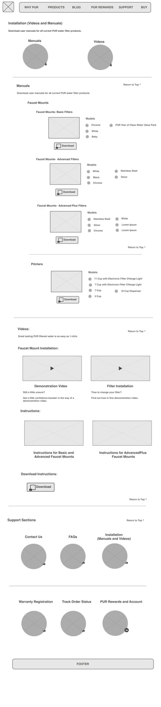 WHY PUR PRODUCTS BLOG PUR REWARDS SUPPORT BUY 
Installation (Videos and Manuals) 
Manuals Videos 
Download user manuals for all current PUR water filter products. 
Faucet Mounts 
Pitchers 
Support Sections 
Models 
Faucet Mounts- Advanced Plus Filters 
Models 
Return to Top ^ 
7 Cup 18 Cup Dispenser 
Contact Us FAQs Installation 
(Manuals and Videos) 
Warranty Registration Track Order Status PUR Rewards and Account 
FOOTER 
Manuals 
Faucet Mounts- Basic Filters 
Download 
Faucet Mounts- Advanced Filters 
Videos: 
Great tasting PUR filtered water is as easy as 1-click. 
Demonstration Video Filter Installation 
Still a little unsure? 
Get a little confidence booster in the way of a 
demonstration video. 
Time to change your filter? 
Find out how in this demonstration video. 
Faucet Mount Installation: 
Instructions: 
Instructions for Basic and 
Advanced Faucet Mounts 
Instructions for AdvancedPlus 
Faucet Mounts 
Download Instructions: 
Download 
Return to Top ^ 
Return to Top ^ 
Return to Top ^ 
Chrome 
White 
Baby 
Download 
White 
Black 
Chrome 
Download 
Models 
Stainless Steel 
Silver 
Stainless Steel 
Silver 
Chrome 
White 
Lorem Ipsum 
Lorem Ipsum 
Download 
Models 
11 Cup with Electronic Filter CHange Light 
5 Cup 
PUR Year of Clean Water Value Pack 
7 Cup with Electronic Filter CHange Light 
Download user manuals for all current PUR water filter products. 
Return to Top ^ 
 