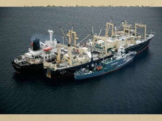 • La pesca d'altura. Les flotes de vaixells estan molt ben
equipats, ja que han de romandre en alta mar durant
setmanes o mesos. Estan dotats de sofisticats radars i
sonars, per detectar els bancs de peixos i saber quin volum
tenen. A més a més, disposen d'instal·lacions frigorífiques
per conservar les captures a bord en perfectes condicions.
• La gran pesca. Té lloc en aigües molt llunyanes i els vaixells
tenen el suport de grans vaixells d'abastament. Des del
vaixell base, les embarcacions surten a fer captures que,
posteriorment, són classificades i preparades per ser
comercialitzades.
 