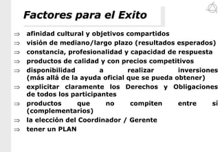 Orientación en las promociones a desarrollarse en el exterior.Motivos para agruparse Menores costos de aprendizaje en inserción en los mercados internacionales.