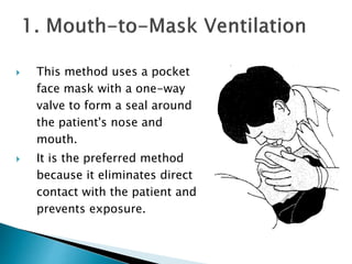  This method uses a pocket
face mask with a one-way
valve to form a seal around
the patient's nose and
mouth.
 It is the preferred method
because it eliminates direct
contact with the patient and
prevents exposure.
 