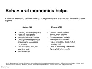 Behavioral economics helps 
Kahneman and Tversky described a compound cognitive system, where intuition and reason operate 
together 
Intuition (S1) Reason (S2) 
● "Trusting plausible judgment" 
● Fast (like perception) 
● Automatic (like perception) 
● Quickly accesses prototype 
answers and suppresses 
uncertainty 
● Low processing cost, low 
cognitive load 
● Prone to errors 
● Careful, based on doubt 
● Slower, more effortful 
● Accesses stored analytic 
techniques and methods 
● Higher processing costs, higher 
cognitive load 
● Good at monitoring S1 but only 
if prompted to investigate 
Source: "Maps of Bounded Rationality: Psychology for Behavioral Economics," Daniel Kahneman's lecture December 8, 2002 when he received the Bank of Sweden Prize in 
Economic Sciences in Memory of Alfred Nobel, Stockholm, Sweden. Reprinted in The American Economic Review, vol 93, no 5 (December 2003). 
© Harrison Metal 
 