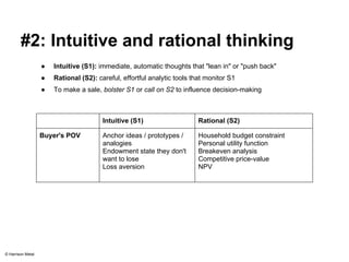 #2: Intuitive and rational thinking 
● Intuitive (S1): immediate, automatic thoughts that "lean in" or "push back" 
● Rational (S2): careful, effortful analytic tools that monitor S1 
● To make a sale, bolster S1 or call on S2 to influence decision-making 
Intuitive (S1) Rational (S2) 
Buyer's POV Anchor ideas / prototypes / 
analogies 
Endowment state they don't 
want to lose 
Loss aversion 
Household budget constraint 
Personal utility function 
Breakeven analysis 
Competitive price-value 
NPV 
© Harrison Metal 
 