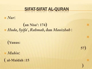 SIFAT-SIFAT AL-QURAN
 :
(an Nisa': 174)
 :

(Yunus:
57)
 :
( al-Maidah :15
)
 