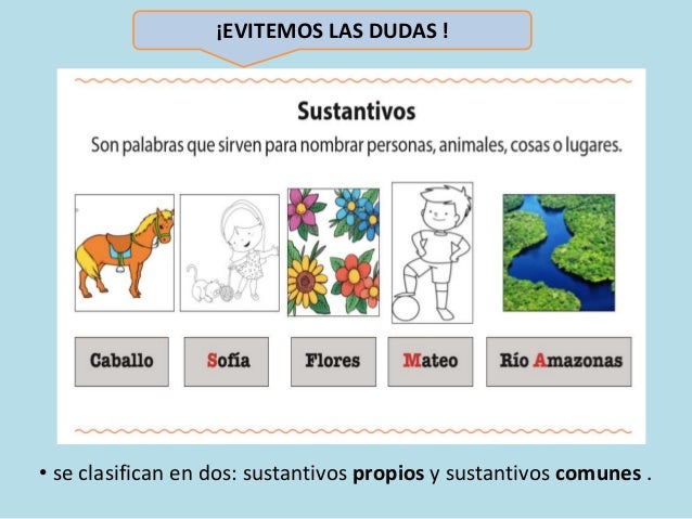 ¡EVITEMOS LAS DUDAS !
• se clasifican en dos: sustantivos propios y sustantivos comunes .
 
