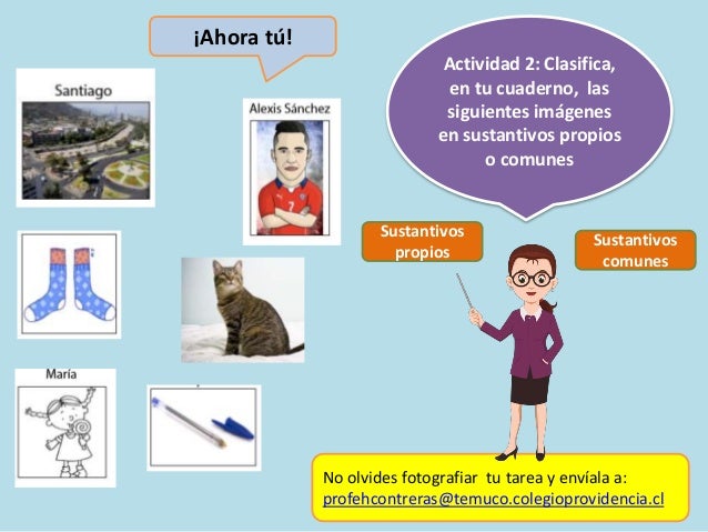 ¡Ahora tú!
Actividad 2: Clasifica,
en tu cuaderno, las
siguientes imágenes
en sustantivos propios
o comunes
Sustantivos
propios
Sustantivos
comunes
No olvides fotografiar tu tarea y envíala a:
profehcontreras@temuco.colegioprovidencia.cl
 
