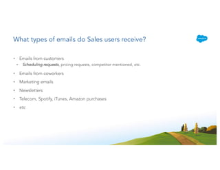 What types of emails do Sales users receive?
• Emails from customers
• Scheduling requests, pricing requests, competitor mentioned, etc.
• Emails from coworkers
• Marketing emails
• Newsletters
• Telecom, Spotify, iTunes, Amazon purchases
• etc
 