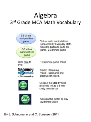 Algebra 3rd Grade MCA Math Vocabulary By J. Scheumann and C. Sorenson 2011 