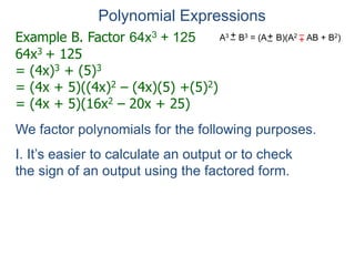 Example B. Factor 64x3 + 125
64x3 + 125
= (4x)3 + (5)3
= (4x + 5)((4x)2 – (4x)(5) +(5)2)
= (4x + 5)(16x2 – 20x + 25)
Polynomial Expressions
We factor polynomials for the following purposes.
I. It’s easier to calculate an output or to check
the sign of an output using the factored form.
A3 B3 = (A B)(A2 AB + B2)
+
– +
–
+
–
 