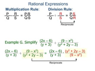 Rational Expressions
Multiplication Rule:
P
Q
R
S
* = P*R
Q*S
Division Rule:
P
Q
R
S
÷ = P*S
Q*R
Reciprocate
Example G. Simplify (2x – 6)
(y + 3) ÷
(y2 + 2y – 3)
(9 – x2)
(2x – 6)
(y + 3) ÷
(y2 + 2y – 3)
(9 – x2)
=
(2x – 6)
(y + 3)
(y2 + 2y – 3)
(9 – x2)
*
Reciprocate
 