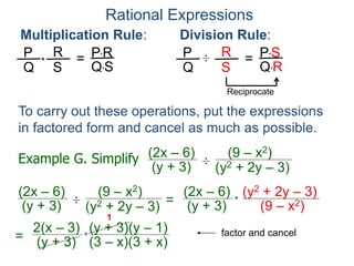 Rational Expressions
Multiplication Rule:
To carry out these operations, put the expressions
in factored form and cancel as much as possible.
P
Q
R
S
* = P*R
Q*S
Division Rule:
P
Q
R
S
÷ = P*S
Q*R
Reciprocate
Example G. Simplify (2x – 6)
(y + 3) ÷
(y2 + 2y – 3)
(9 – x2)
(2x – 6)
(y + 3) ÷
(y2 + 2y – 3)
(9 – x2)
=
(2x – 6)
(y + 3)
(y2 + 2y – 3)
(9 – x2)
*
=
2(x – 3)
(y + 3)
(y + 3)(y – 1)
(3 – x)(3 + x)
*
1
factor and cancel
 