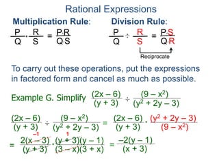 Rational Expressions
Multiplication Rule:
To carry out these operations, put the expressions
in factored form and cancel as much as possible.
P
Q
R
S
* = P*R
Q*S
Division Rule:
P
Q
R
S
÷ = P*S
Q*R
Reciprocate
Example G. Simplify (2x – 6)
(y + 3) ÷
(y2 + 2y – 3)
(9 – x2)
(2x – 6)
(y + 3) ÷
(y2 + 2y – 3)
(9 – x2)
=
(2x – 6)
(y + 3)
(y2 + 2y – 3)
(9 – x2)
*
=
2(x – 3)
(y + 3)
(y + 3)(y – 1)
(3 – x)(3 + x)
*
–1 1
=
–2(y – 1)
(x + 3)
 