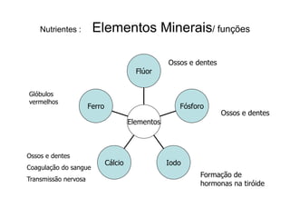 Nutrientes :       Elementos Minerais/ funções

                                                   Ossos e dentes
                                         Flúor


Glóbulos
vermelhos
                      Ferro                           Fósforo
                                                                    Ossos e dentes
                                       Elementos



Ossos e dentes
                              Cálcio               Iodo
Coagulação do sangue
                                                            Formação de
Transmissão nervosa
                                                            hormonas na tiróide
 