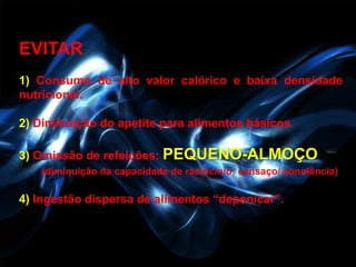 EVITAR
1) Consumo de alto valor calórico e baixa densidade
nutricional.

2) Diminuição do apetite para alimentos básicos.

3) Omissão de refeições: PEQUENO-ALMOÇO
   (diminuição da capacidade de raciocínio; cansaço/ sonolência)

4) Ingestão dispersa de alimentos “depenicar”.
 