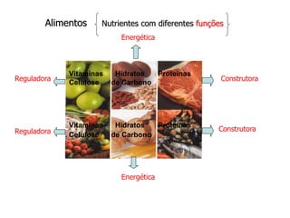 Alimentos    Nutrientes com diferentes funções
                           Energética



             Vitaminas    Hidratos  Proteínas
Reguladora                                           Construtora
             Celulose    de Carbono




             Vitaminas    Hidratos  Proteínas
Reguladora                                          Construtora
             Celulose    de Carbono




                           Energética
 