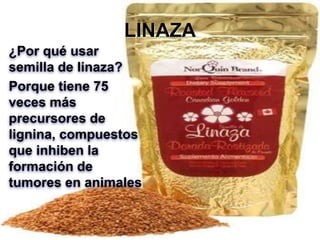 LINAZA
¿Por qué usar
semilla de linaza?
Porque tiene 75
veces más
precursores de
lignina, compuestos
que inhiben la
formación de
tumores en animales
 