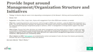 13
Provide Input around
Management/Organization Structure and
Initiatives
▪ Timing: 4-6 Months (May be nearer term dependi...