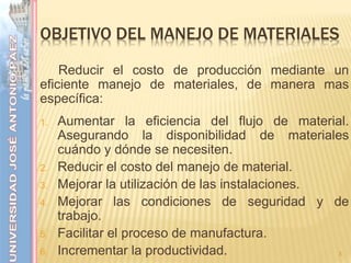 OBJETIVO DEL MANEJO DE MATERIALES
Reducir el costo de producción mediante un
eficiente manejo de materiales, de manera mas
específica:
1. Aumentar la eficiencia del flujo de material.
Asegurando la disponibilidad de materiales
cuándo y dónde se necesiten.
2. Reducir el costo del manejo de material.
3. Mejorar la utilización de las instalaciones.
4. Mejorar las condiciones de seguridad y de
trabajo.
5. Facilitar el proceso de manufactura.
6. Incrementar la productividad. 3
 