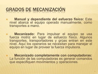 GRADOS DE MECANIZACIÓN
 Manual y dependiente del esfuerzo físico: Este
nivel abarca el equipo operado manualmente, como
transportes a mano.
 Mecanizado: Para impulsar el equipo se usa
fuerza motriz en lugar de esfuerzo físico. Algunos
transportes, transportadores y grúas entran en este
nivel. Aquí los operarios se necesitan para manejar el
equipo en lugar de proveer la fuerza impulsora.
 Mecanizado completamente con computadoras:
La función de las computadoras es generar comandos
que especifiquen movimientos y operaciones.
4
 