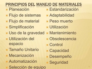 PRINCIPIOS DEL MANEJO DE MATERIALES
 Planeación
 Flujo de sistemas
 Flujo de material
 Simplificación
 Uso de la gravedad
 Utilización del
espacio
 Tamaño Unitario
 Mecanización
 Automatización
 Selección de equipo
 Estandarización
 Adaptabilidad
 Peso muerto
 Utilización
 Mantenimiento
 Obsolescencia
 Control
 Capacidad
 Desempeño
 Seguridad
9
 