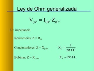 Ley de Ohm generalizada

V(Aº = I (Bº ·Z(Cº
Z = impedancia
Resistencias: Z = R(0º
Condensadores: Z = X(-90º
Bobinas: Z = X(+90º

1
XC =
2π ·f·C
X L = 2π ·f·L

 
