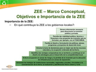 Importancia de la ZEE:
– En qué contribuye la ZEE a los gobiernos locales?:
Genera información necesaria
para direccionar la inversión
pública y privada.
Permite dar viabilidad política, técnica y
financiera a los proyectos de inversión que se
formulen, por ejemplo, con el FONCOMUN.
Facilita el diseño y formulación de políticas, planes,
programas y proyectos de desarrollo local.
Orienta la toma de decisiones para un mejor uso de los recursos
naturales y la ocupación ordenada del territorio.
Identifica las ventajas comparativas de un territorio y contribuye en el
diseño de estrategias para el desarrollo de la competitividad local.
Evita la ocupación en zonas de riesgo y la pérdida de la inversión por la ubicación
de infraestructura en zonas de exposición.
Armoniza los trabajos de instituciones nacionales, regionales y locales, vinculadas a la
caracterización de la tierra, la evaluación y planificación física urbana y rural.
ZEE – Marco Conceptual,
Objetivos e Importancia de la ZEE
 
