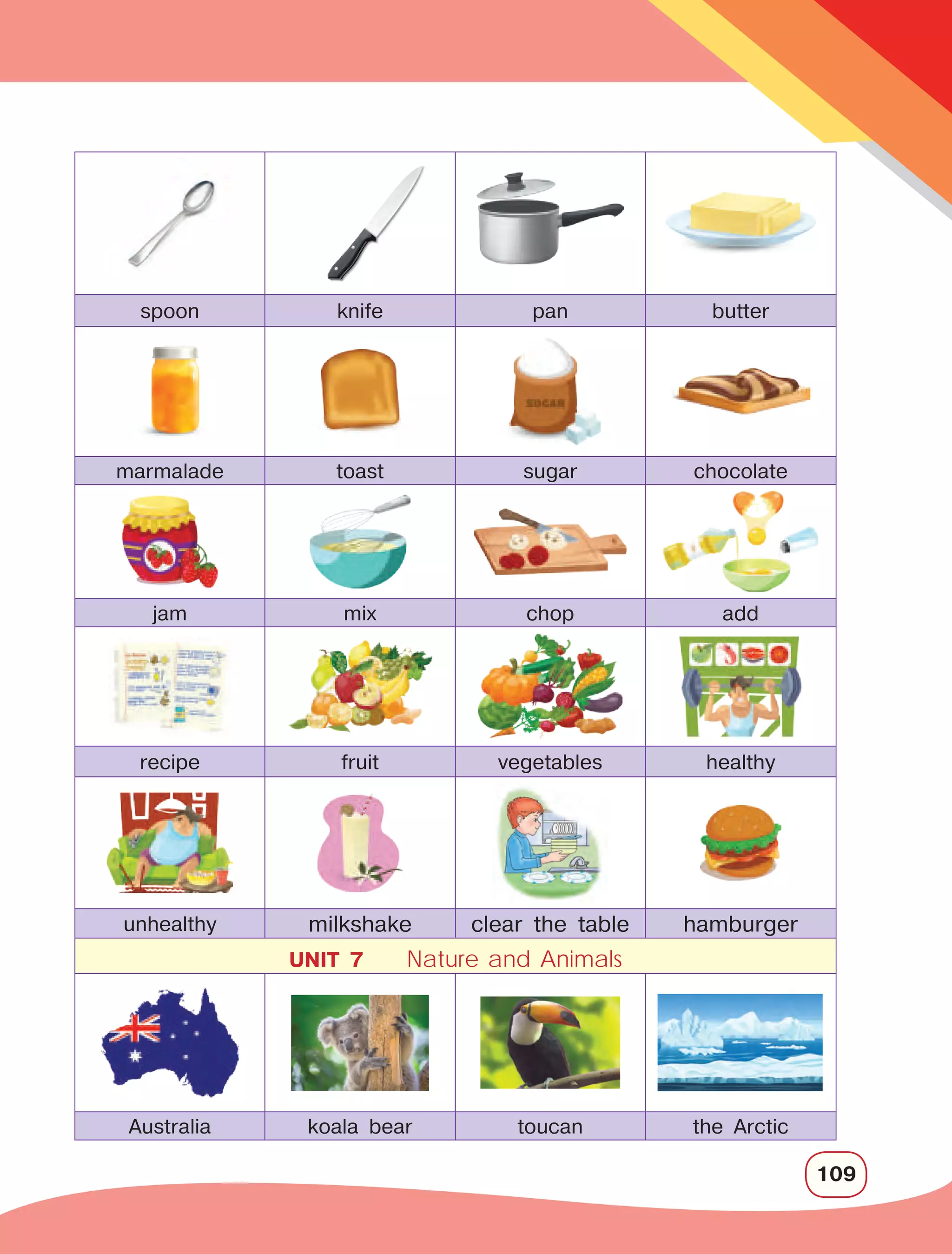 109
spoon knife pan butter
marmalade toast sugar chocolate
jam mix chop add
recipe fruit vegetables healthy
unhealthy milkshake clear the table hamburger
UNIT 7 Nature and Animals
Australia koala bear toucan the Arctic
 
