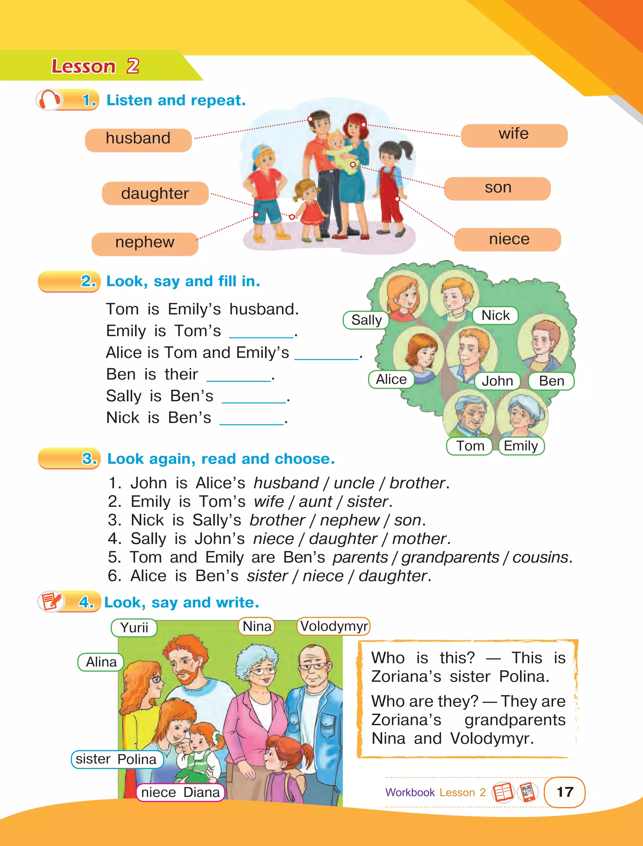 Lesson	
17Workbook Lesson 2
2
1.	 Listen and repeat.
3.	 Look again, read and choose.
1. John is Alice’s husband / uncle / brother.
2. Emily is Tom’s wife  /  aunt  /  sister.
3. Nick is Sally’s brother  /  nephew  /  son.
4. Sally is John’s niece  /  daughter  /  mother.
5. Tom and Emily are Ben’s parents  /  grandparents  /  cousins.
6. Alice is Ben’s sister  /  niece  /  daughter.
Yurii
Alina
sister Polina
Who is this? — This is
Zoriana’s sister Polina.
Who are they? — They are
Zoriana’s grandparents
Ni­­na and Volodymyr.
husband
daughter
nephew
son
niece
2.	 Look, say and fill in.
Tom is Emily’s husband.
Emily is Tom’s ___________.
Alice is Tom and Emily’s ___________.
Ben is their ___________.
Sally is Ben’s ___________.
Nick is Ben’s ___________.
VolodymyrNina
niece Diana
JohnAlice
Sally
EmilyTom
Ben
Nick
wife
4.	 Look, say and write.
 