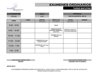 EXáMENES ORDINARIOS
                                                                                                              TURNO MATUTINO

CUATRIMESTRE                                  AULA                                                            PERíODO:
     CPA3A                                      E33                                                  MAYO-AGOSTO, 2012

                        LUNES                 MARTES                    MIÉRCOLES                   JUEVES               VIERNES
     HORA                                   7 DE AGOSTO                  8 DE AGOSTO              9 DE AGOSTO



  8:00 - 9:00                                                               INGLÉS



                                                                      ADMINISTRACIÓN DE
                                                                                             TEORÍA DEL ESTADO (Lic.
 9:00 - 10:00                                                       RECURSOS HUMANOS (Lic.
                                                                         Jesús Facio)
                                                                                             Victor Manuel Maldonado)



                                                                      ECONOMÍA (Mtra. Ana
 10:00 - 11:00                                                            Márquez)



                                       INFORMÁTICA III (Licda.
 11:00 - 12:00                           Leidy Diana Gómez)


                                      ESTADÍSITICA I (Ing. Yovani
 12:00 - 1:00                                  Pérez)



  1:00 - 2:00



      JOSÉ RAMÓN RAMÍREZ PEÑA                                                                        JOSÉ RAMÓN RAMÍREZ PEÑA
              ASESOR                                                                                 SUBDIRECCIÓN ACADÉMICA


IMPORTANTE:

     LOS EXÁMENES ORDINARIOS SERÁN APLICADOS EN EL LUGAR, FECHA Y HORA SEÑALADOS, POR LO QUE SE LES SOLICITA
                                        PRESENTARSE DE MANERA PUNTUAL
 