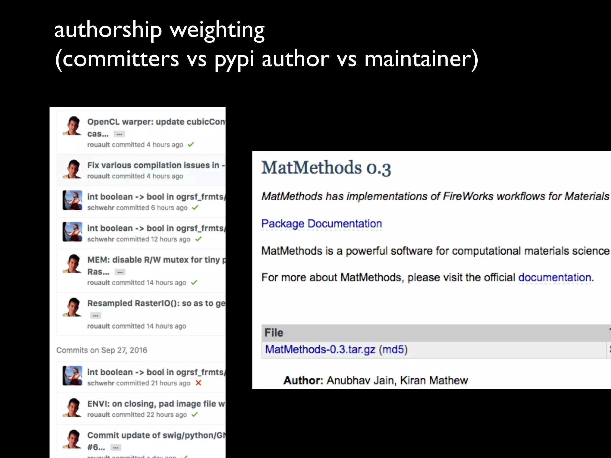 authorship weighting
(committers vs pypi author vs maintainer)
 