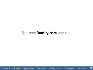 See how 3amily.com work →
Overview SurveySurvey Reporting Channels Integration Customers Thanks!
 