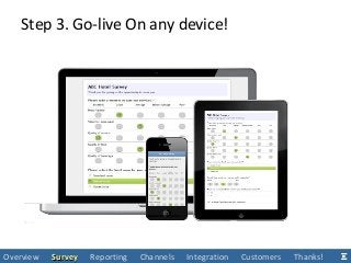 Step 3. Go-live On any device!
Overview SurveySurvey Reporting Channels Integration Customers Thanks!
 
