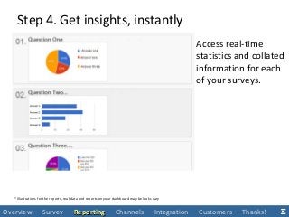 Access real-time
statistics and collated
information for each
of your surveys.
Step 4. Get insights, instantly
Overview Survey ReportingReporting Channels Integration Customers Thanks!
* Illustrations for the reports, real data and reports on your dashboard may be looks vary
 