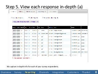 We capture in-depth info for each of your survey respondents.
Step 5. View each response in-depth (a)
Overview Survey ReportingReporting Channels Integration Customers Thanks!
 