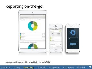 Managers MobileApp. will be available by the end of 2014
Reporting on-the-go
Overview Survey ReportingReporting Channels Integration Customers Thanks!
 