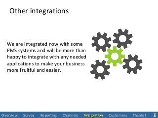 Other integrations
Overview Survey Reporting Channels IntegrationIntegration Customers Thanks!
We are integrated now with some
PMS systems and will be more than
happy to integrate with any needed
applications to make your business
more fruitful and easier.
 
