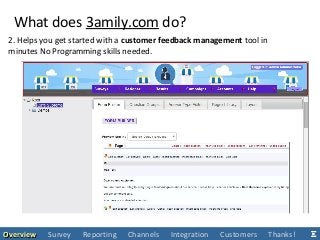 OverviewOverview Survey Reporting Channels Integration Customers Thanks!
What does 3amily.com do?
2. Helps you get started with a customer feedback management tool in
minutes No Programming skills needed.
 