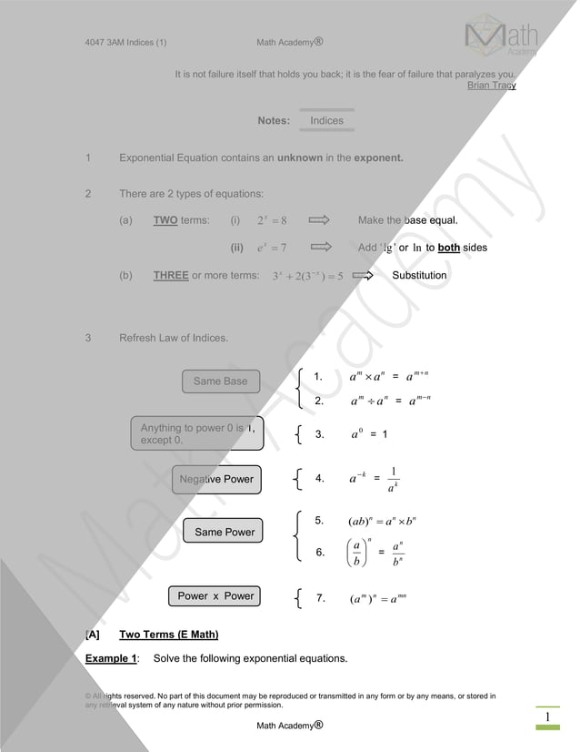 Sec 3 A Maths Notes Indices | PDF