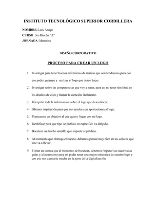 INSTITUTO TECNOLÓGICO SUPERIOR CORDILLERA
NOMBRE: Luis Anago
CURSO: 3ro Diseño “A”
JORNADA: Matutina
DISEÑO CORPORATIVO
PROCESO PARA CREAR UN LOGO
1. Investigar para tener buenas referencias de marcas que son tendencias para con
eso poder guiarme y realizar el logo que deseo hacer.
2. Investigar sobre las competencias que voy a tener, para así no tener similitud en
los diseños de ellos y llamar la atención fácilmente.
3. Recopilar toda la información sobre el logo que deseo hacer.
4. Obtener inspiración para que me ayuden con aportaciones al logo.
5. Plantearme un objetivo al que quiero llegar con mi logo.
6. Identificar para que tipo de público en específico va dirigido.
7. Bocetear un diseño sencillo que impacte al público.
8. Al momento que obtenga el boceto, debemos pensar muy bien en los colores que
este va a llevar.
9. Tomar en cuenta que al momento de bocetear, debemos respetar las cuadrículas
guías y alineamiento para así poder tener una mejor estructura de nuestro logo y
con eso nos ayudaría mucha en la parte de la digitalización
 