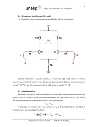unesp Colégio Técnico Industrial de Guaratinguetá
Amplificadores Operacionais V2.0 | Prof. Marcelo Wendling
6
1.4 – Conceito de Amplificador Diferencial
Na figura abaixo, temos o circuito de um amplificador diferencial elementar:
Supondo idealmente o circuito simétrico, os transistores Q1 e Q2 idênticos, podemos
observar que a tensão de saída Vo será diretamente proporcional à diferença entre as tensões de
entrada V1 e V2, o que faz com que a tensão de saída seja zero quando V1=V2.
1.5 – Tensão de Offset
Idealmente, a tensão de saída do amplificador diferencial da figura anterior deveria ser nula
quando V1=V2=0. Todavia, devido às diferenças existentes nas características de Q1 e Q2, tem-se
um desbalanceamento das correntes no circuito e, consequentemente:
VBE1 ≠ VBE2
A diferença, em módulo, entre esses valores de VBE é denominada “Tensão de Offset de
Entrada”, e será representada por Vi(offset):
21)( BEBEi VVoffsetV −=
 