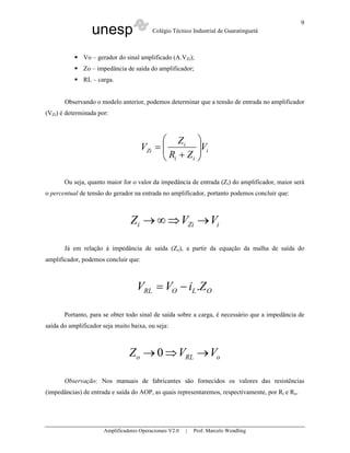 unesp Colégio Técnico Industrial de Guaratinguetá
Amplificadores Operacionais V2.0 | Prof. Marcelo Wendling
9
Vo – gerador do sinal amplificado (A.VZi);
Zo – impedância de saída do amplificador;
RL – carga.
Observando o modelo anterior, podemos determinar que a tensão de entrada no amplificador
(VZi) é determinada por:
i
ii
i
Zi V
ZR
Z
V 





+
=
Ou seja, quanto maior for o valor da impedância de entrada (Zi) do amplificador, maior será
o percentual de tensão do gerador na entrada no amplificador, portanto podemos concluir que:
iZii VVZ →⇒∞→
Já em relação à impedância de saída (Zo), a partir da equação da malha de saída do
amplificador, podemos concluir que:
OLORL ZiVV .−=
Portanto, para se obter todo sinal de saída sobre a carga, é necessário que a impedância de
saída do amplificador seja muito baixa, ou seja:
oRLo VVZ →⇒→ 0
Observação: Nos manuais de fabricantes são fornecidos os valores das resistências
(impedâncias) de entrada e saída do AOP, as quais representaremos, respectivamente, por Ri e Ro.
 