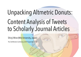 Unpacking Altmetric Donuts:
Shinji Mine (Mie University,Japan)
Content Analysis of Tweets
to Scholarly Journal Articles
The 3rd Altmetric Conference, 28-29 September 2016
 
