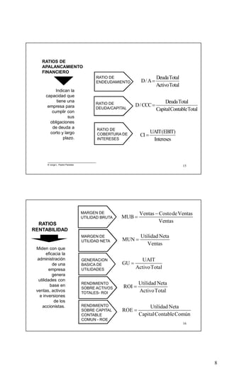 8
15
Indican la
capacidad que
tiene una
empresa para
cumplir con
sus
obligaciones
de deuda a
corto y largo
plazo.
RATIOS DE
APALANCAMIENTO
FINANCIERO
RATIO DE
ENDEUDAMIENTO
© Jorge L. Pastor Paredes
DeudaTotal
D/A
ActivoTotal

RATIO DE
DEUDA/CAPITAL
DeudaTotal
D/CCC
CapitalContableTotal

RATIO DE
COBERTURA DE
INTERESES
UAIT(EBIT)
CI
Intereses

16
Miden con que
eficacia la
administración
de una
empresa
genera
utilidades con
base en
ventas, activos
e inversiones
de los
accionistas.
RATIOS
RENTABILIDAD
MARGEN DE
UTILIDAD NETA
GENERACION
BASICA DE
UTILIDADES
RENDIMIENTO
SOBRE ACTIVOS
TOTALES- ROI
RENDIMIENTO
SOBRE CAPITAL
CONTABLE
COMUN - ROE
MARGEN DE
UTILIDAD BRUTA
Ventas CostodeVentas
MUB
Ventas


Utilidad Neta
MUN
Ventas

UAIT
GU
ActivoTotal

Utilidad Neta
ROI
ActivoTotal

Utilidad Neta
ROE
CapitalContableComún

 