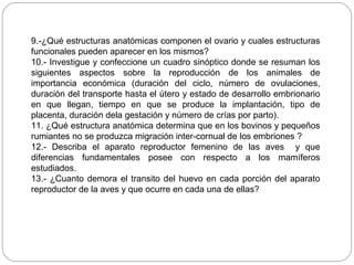 9.-¿Qué estructuras anatómicas componen el ovario y cuales estructuras
funcionales pueden aparecer en los mismos?
10.- Investigue y confeccione un cuadro sinóptico donde se resuman los
siguientes aspectos sobre la reproducción de los animales de
importancia económica (duración del ciclo, número de ovulaciones,
duración del transporte hasta el útero y estado de desarrollo embrionario
en que llegan, tiempo en que se produce la implantación, tipo de
placenta, duración dela gestación y número de crías por parto).
11. ¿Qué estructura anatómica determina que en los bovinos y pequeños
rumiantes no se produzca migración inter-cornual de los embriones ?
12.- Describa el aparato reproductor femenino de las aves y que
diferencias fundamentales posee con respecto a los mamíferos
estudiados.
13.- ¿Cuanto demora el transito del huevo en cada porción del aparato
reproductor de la aves y que ocurre en cada una de ellas?
 