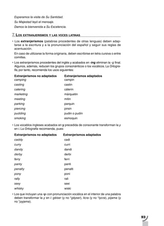 93
Esperamos la visita de Su Santidad.
Su Majestad leyó el mensaje.
Damos la bienvenida a Su Excelencia.
7. Los extranjerismos y las voces latinas
•		Los extranjerismos (palabras procedentes de otras lenguas) deben adap-
tarse a la escritura y a la pronunciación del español y seguir sus reglas de
acentuación.
En caso de utilizarse la forma originaria, deben escribirse en letra cursiva o entre
comillas.
•		Los extranjerismos procedentes del inglés y acabados en -ing eliminan la -g final.
Algunos, además, reducen los grupos consonánticos o los vocálicos. La Ortogra-
fía,por tanto, recomienda los usos siguientes:
Extranjerismos no adaptados 	 Extranjerismos adaptados	
camping 	campin
casting 	castin
catering 	cáterin
marketing 	márquetin
meeting 	mitin
parking 	parquin
piercing 	pirsin
pudding 	 pudin o pudín
smoking 	esmoquin
•		Los vocablos ingleses acabados en y precedida de consonante transforman la y
en i. La Ortografía recomienda, pues:
Extranjerismos no adaptados 	 Extranjerismos adaptados	
caddy 	cadi
curry 	curri
dandy 	dandi
derby 	derbi
ferry 	ferri
panty 	panti
penalty 	penalti
pony 	poni
rally 	rali
sexy 	sexi
whisky 	wiski
•		Los que incluyan una -y- con pronunciación vocálica en el interior de una palabra
deben transformar la y en i: géiser (y no *géyser), licra (y no *lycra), pijama (y
no *pyjama).
 