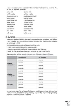103
•		Las palabras compuestas que se escriben siempre en dos palabras hacen el plu-
ral solo en el primer elemento:
cama nido	 camas nido
célula madre	 células madre
ciudad dormitorio	 ciudades dormitorio
coche cama	 coches cama
crédito vivienda	 créditos vivienda
globo sonda	 globos sonda
hombre rana	 hombres rana
hora punta	 horas punta
pez espada	 peces espada
piso piloto	 pisos piloto
sofá cama	 sofás cama
2. El verbo
•		Los únicos verbos que en la lengua actual presentan dos participios, uno regular
y otro irregular, son: imprimir (imprimido e impreso), freír (freído y frito), proveer
(proveído y provisto).
Los dos participios pueden utilizarse indistintamente:
– ¿Has imprimido (o impreso) ya el documento?
– Cuando hayas freído (o frito) el huevo guardas aquí el aceite.
– Antes de irse se habían proveído (o provisto) de todo lo necesario.
•		Algunos verbos admiten dos formas, una con diptongo y otra sin diptongo:
Con diptongo Sin diptongo
Presente
de indicativo
cimiento cimento
cimientas cimentas
cimienta... cimenta...
cimientan cimentan
Presente
de subjuntivo
cimiente cimente
cimientes cimentes
cimiente... cimente...
cimienten cimenten
Imperativo
cimienta cimenta
cimiente... cimente...
cimienten cimenten
Lomismoocurreconlosverbosasolar(asueloyasolo),desmembrar(desmiembro
y desmembro), emparentar (empariento y emparento), engrosar (engrueso y
engroso) y soterrar (sotierro y soterro).
 