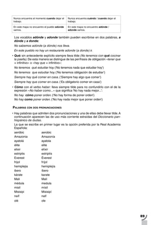 89
Nunca encuentra el momento cuando dejar el
trabajo.
Nunca encuentra cuándo / cuando dejar el
trabajo.
En este mapa no encuentro el pueblo adonde
vamos.
En este mapa no encuentro adónde /
adonde vamos.
Los vocablos adónde y adonde también pueden escribirse en dos palabras, a
dónde y a donde:
No sabemos adónde (a dónde) nos lleva.
En este pueblo no hay un restaurante adonde (a donde) ir.
•		Qué: sin antecedente explícito siempre lleva tilde (No tenemos con qué cocinar
la paella).De esta manera se distingue de las perífrasis de obligación «tener que
+ infinitivo» o «hay que + infinitivo»:
No tenemos qué estudiar hoy.(‘No tenemos nada que estudiar hoy’)
No tenemos que estudiar hoy. (‘No tenemos obligación de estudiar’)
Siempre hay qué comer en casa. (‘Siempre hay algo que comer’)
Siempre hay que comer en casa. (‘Es obligatorio comer en casa’)
•		Cómo con el verbo haber: lleva siempre tilde para no confundirlo con el de la
expresión «No haber como...» que significa ‘No hay nada mejor...’:
No hay cómo poner orden. (‘No hay forma de poner orden’)
No hay como poner orden. (‘No hay nada mejor que poner orden’)
Palabras con dos pronunciaciones
•		Hay palabras que admiten dos pronunciaciones y una de ellas debe llevar tilde.A
continuación aparecen las de uso más corriente extraídas del Diccionario pan-
hispánico de dudas.
La que se escribe en primer lugar es la opción preferida por la Real Academia
Española:
aeróbic 		 aerobic
Amazonia 		 Amazonía
ayatolá 		 ayatola
élite 			elite	
elixir 			elíxir
estriptis 		 estriptís
Everest 		 Éverest
frijol 			fríjol	
hemiplejia 		 hemiplejía
ibero 			íbero
kárate 		 karate
Mali 			Malí	
médula		 medula
misil 			mísil
Misisipi 		 Misisipí
naíf 			naif
olé 			ole	
 