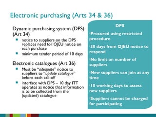 Electronic purchasing (Arts 34 & 36)
Dynamic purchasing system (DPS)
(Art 34)
 notice to suppliers on the DPS
replaces need for OJEU notice on
each purchase
 minimum tender period of 10 days
Electronic catalogues (Art 36)
 Must be “adequate” notice to
suppliers to “update catalogue”
before each call-off
 interface with DPS – 10 day ITT
operates as notice that information
is to be collected from the
(updated) catalogue
DPS
•Procured using restricted
procedure
•30 days from OJEU notice to
respond
•No limit on number of
suppliers
•New suppliers can join at any
time
•10 working days to assess
new suppliers
•Suppliers cannot be charged
for participating
 